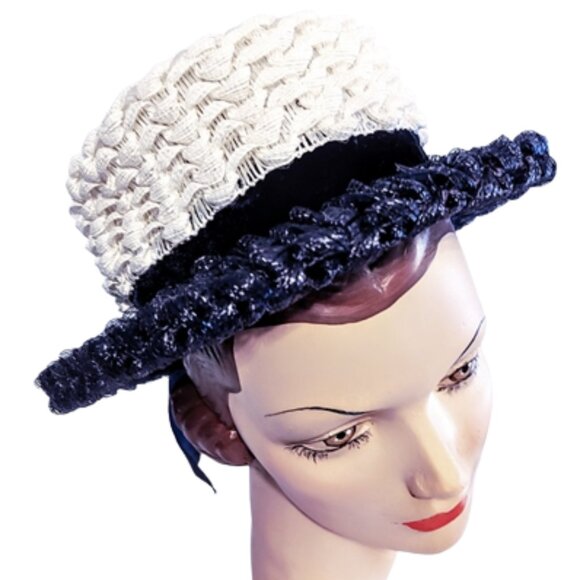 1960s Vintage Cream And Navy Blue Wide Brimmed Straw Hat With Blue Velvet Ribbon - Picture 1 of 5